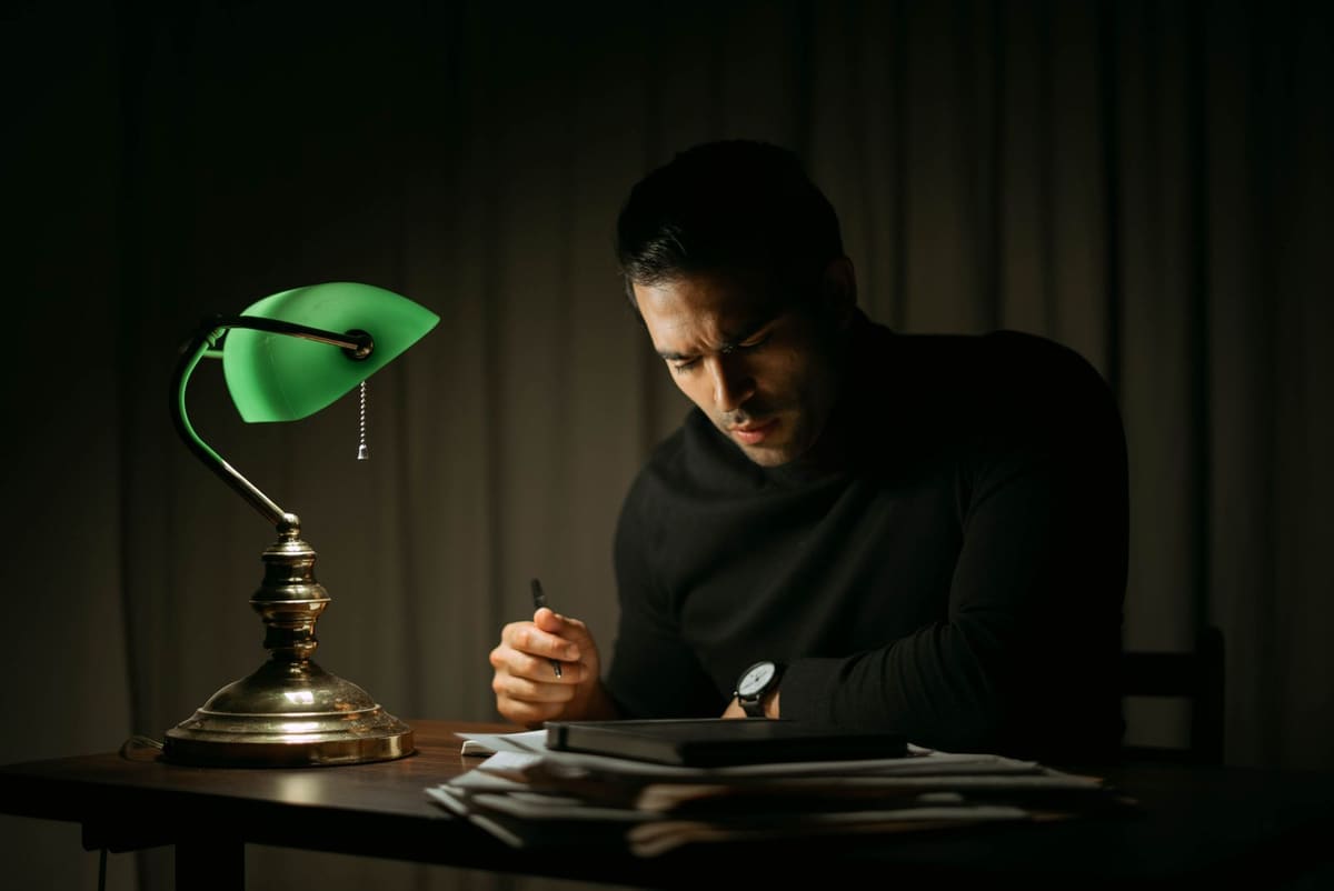 A man sits alone at a desk at night, pen in hand, reading a stack of papers by the light of a desk lamp